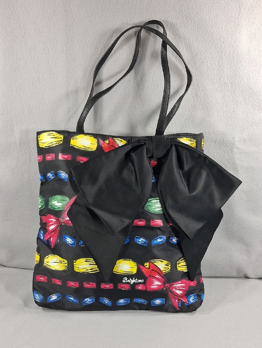 Brighton Black Tote with Large Bow and Multicolor Jewel Print